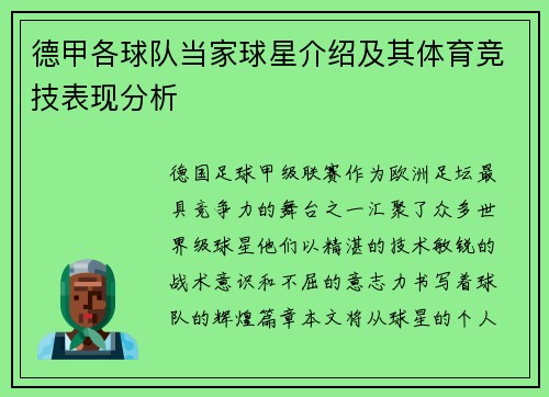 德甲各球队当家球星介绍及其体育竞技表现分析