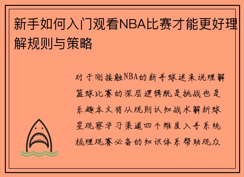 新手如何入门观看NBA比赛才能更好理解规则与策略